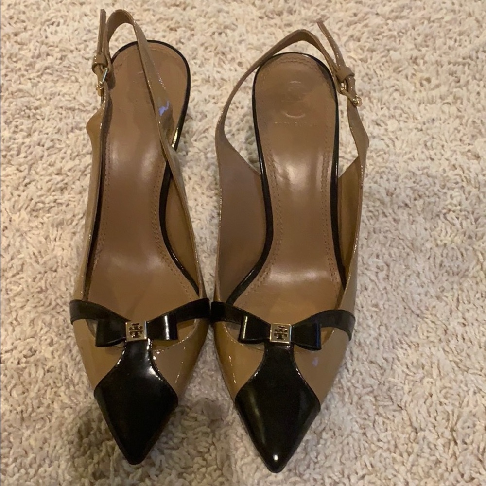 Tory Burch tan and black heels